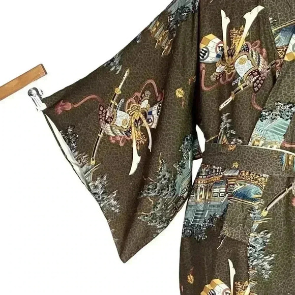 Japanese Kimono Brown Multicolor Mens Pagoda Samurai Helmet Print Lined Belt - Picture 4 of 8